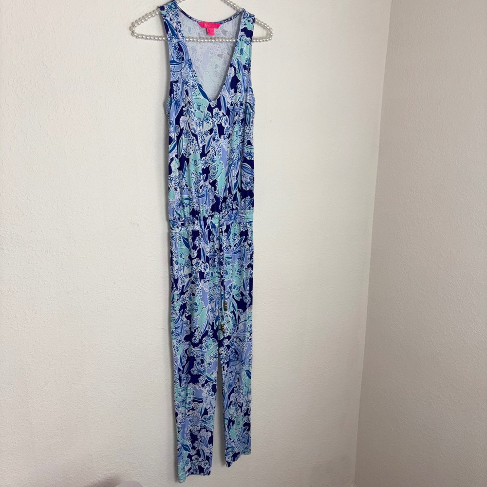 Lilly Pulitzer Jumpsuit XXS Blue Floral Koala Excellent Racerback V-Neck Jersey